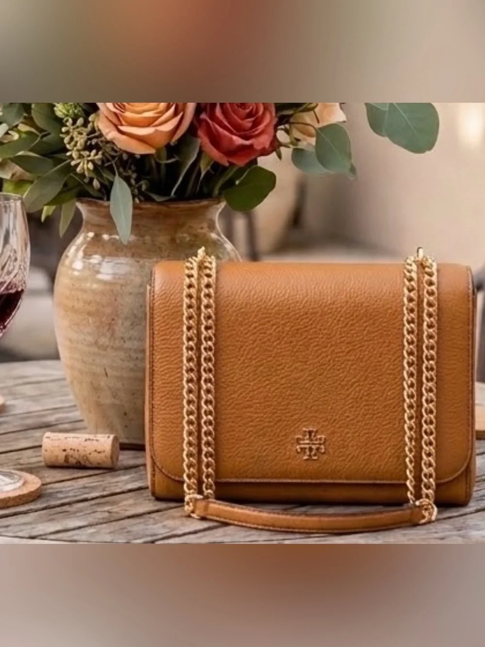 Tory Burch Carter Shrunken Shoulder Bag Tan Pebbled Leather Gold Hardware